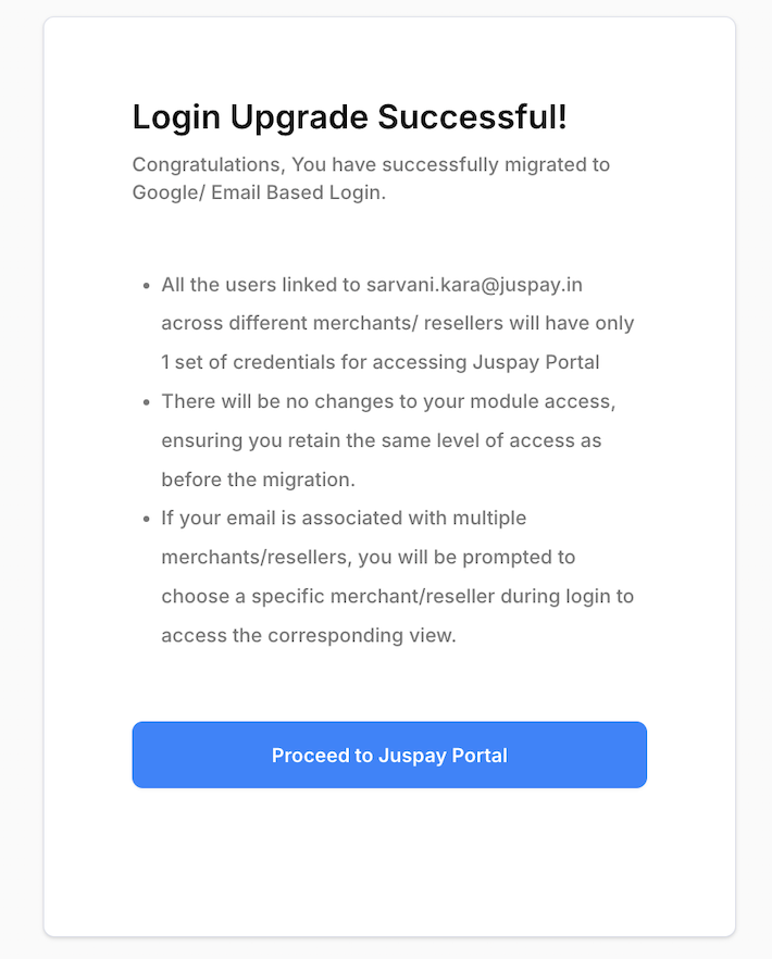 Login Upgrade Succesful Screen